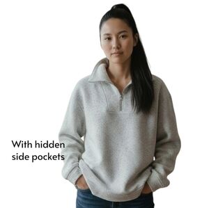 Sweaty Betty Oversized Heather Grey 1/4 Zip Herringbone Quilt Pullover Pockets